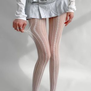 Hollowed Out Lace Tights Geometric Striped Patterned Fishnet Pantyhose for Women