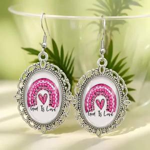 Cherry Rainbow Love Glass Drop Earrings Retro Filigree Oval Pendant Sweet Inspirational Earrings For Women Girls Party Gift