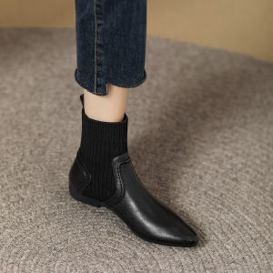 Low Heel Pointed Toe Woolen Shoes Soft Leather Womens Boots Slip-On Sock Boots Genuine Leather Flat Bottom Ladies Short Boots
