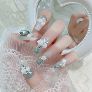 【With Glue】Mid-length Fake Nail Light green flowers Decor Artificial Nail for Women and Girl Party Activity