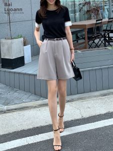 BAILUOANN | Bailuan Pure Color Five-Quarter Womens Suit Pants Loose Slimming Straight Leg Trousers High Waist Commute Style Summer New