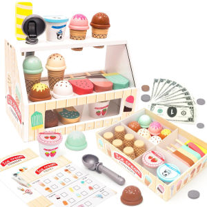 Wooden Ice Cream Toys for Toddler Play Store Pretend Food Kitchen Accessories with Scoop & Menu & Toy CashChristmas Gift