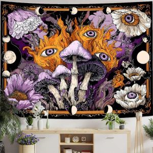 VIKAMA Moon Phase Purple Mushroom Eyeball Flowers Retro Tarot Tapestry Wall Hanging Home Decor for Bedroom Living Room Witch