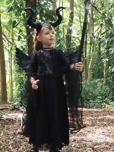 Girls Maleficent Inspired Witch Costume Set Black Lace Dress with Horns Crown Scepter Accessories Kids Halloween Cosplay Outfit