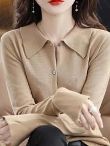 Spring Autumn Turn-down Collar Knitted Sweater Women Thin 100% Pure Cotton Loose Base Short Top Long Sleeve Open Cardigan Coat