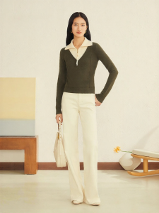 Winter Color Block Turn-down Collar Faux Two Pieces Alashan Cashmere Wool Blend Sweater