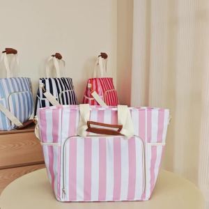 Striped Cooler Bag Insulated Wine Tote Bag In Pink Travel Grocery Shopping Lunch Portable Large Ice Coolers With Handle