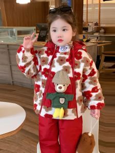 เสื้อสเวตเตอร์ผ้าขนแกะหนาสำหรับเด็กผู้หญิงในฤดูหนาว ชุดเสื้อสเวตเตอร์คริสต์มาสแบบมีฮู้ด แขนยาว ปกคอกลม ชุดสองชิ้น