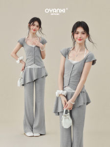 OUYANGXI | Bộ Đồ Hè Hai Mảnh Có Nếp Nhăn