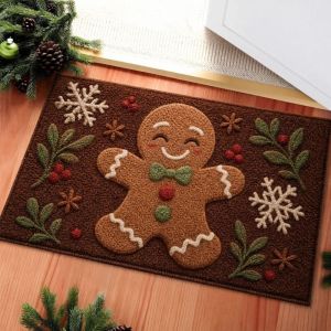 Cute Reindeer Christmas Doormat 3D Embossed Santa Hat Star Graphic Non‑Slip Floor Mat for Xmas Entryway Holiday Home Decor