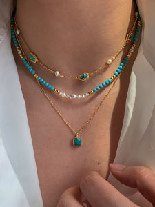 Natural water Pearl Turquoise Beaded Sweater Necklace Womens Fashion Layering Clavicle Chain Jewelry Accessory