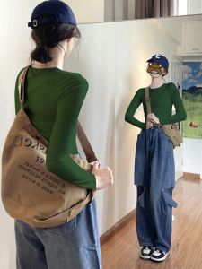 Slim Fit Long Sleeve T-Shirt Womens Thickened Warm Inner Wear Autumn Winter Cotton Polyester Blend round Neck Short Length