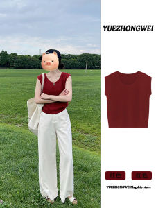 Summer Dopaamine Red Ice Silk Linen Knitted Short Sleeve T-Shirt Women Slim Fit Sleeveless Vest Top Casual Korean Style Pure Color