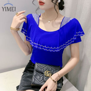 YIMEI เสื้อสตรีประดับเพชรสุดฮอต เสื้อมีระบายสีฟ้าสวย เสื้อตาข่ายคอสี่เหลี่ยม ฤดูร้อน 2023