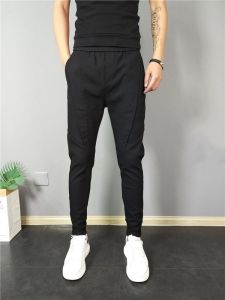 Mens Summer Thin Quick Dry Loose Straight Cotton Linen Nine Points Casual Pants Fashionable Urban Style Elastic Waist Pure Color