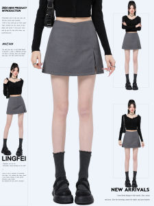 กระโปรงสั้นทรงเอเอวสูงสีเทาสำหรับผู้หญิงในช่วงฤดูใบไม้ผลิและฤดูใบไม้ร่วง กระโปรงสั้นทรงเอเปิดด้านข้างสำหรับสาวๆ กระโปรงสั้นทรงเอผ้าโพลีเอสเตอร์