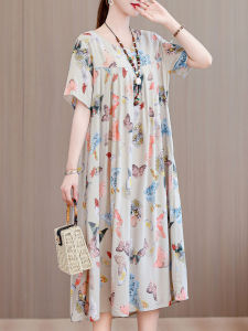 Middle-Aged Ladieswear Plus Size Faux Silk Nightdress Summer Womens 2024 New Arrival Floral Artificial Cotton Dress Can Be Outwear