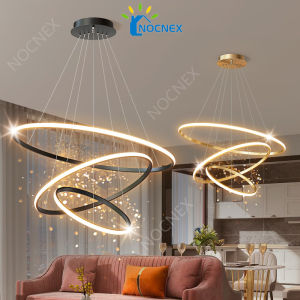 Nordic LED 3 Rings Tri Color Chandelier Modern Pendant Light Adjustable Ring Ceiling Light With Remote Control For Living Room Dining Room Kitchen Bedroom Drop Light Hanging Lights NOCNEX