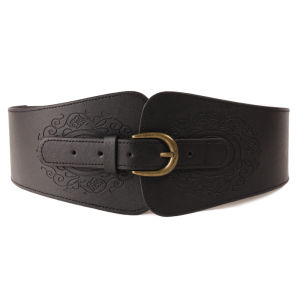 Retro Korean Style Women's Waist Belt: Embossed Copper Green Elastic Decorative Dress Wide Belt