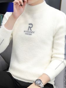 ROMON | Loose Mens Mink Velvet Sweater Mid High Collar Base Layer Knitted Winter Fashion Urban Style Long Sleeve Casual Loose Fit