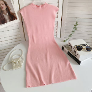 Versatile Solid Color round Neck Sleeveless Vest Dress Womens Tight Slimming Knitted Short Skirt Summer New Korean Style