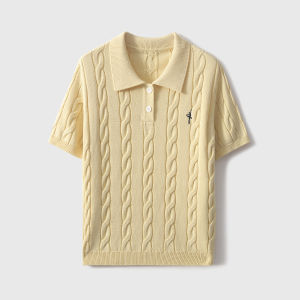 Nanas Exclusive Simple Retro College Style Silk Cotton Short Sleeve Knitted Top Womens Fashion Spring OL Style Polo Neck