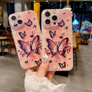 【New】Self-contained Lens Blue Rhinestone Oil Painting Butterfly Pattern IMD Phone Case with Bracelet For iPhone 11 12 13 14 15 16 Series