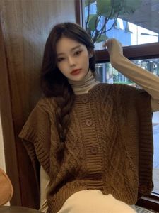 Ladies Lazy Style Knitted Sweater Vest Top Layering Fashion Spring Autumn New Arrival Short Length round Neck No Button