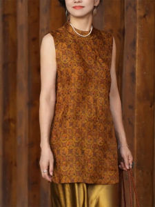 QINGNAER | Traditional Chinese Style Brown Jacquard Sleeveless Longline Shirt