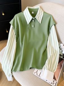 เสื้อเชิ้ตคอโปโลแขนยาวลายทางสีเขียวสำหรับผู้หญิง ทรงหลวม ทรงปกติ ฤดูใบไม้ร่วง 2025 แฟชั่นลำลอง ลดอายุ