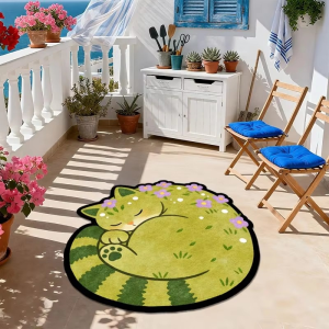 VIKAMA Cute Curled Sleeping Cat Shaped Rug Floral Plant Print Non‑Slip Floor Mat Kids Room Bedroom Indoor Home Decor