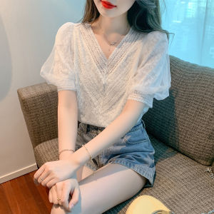 AMMIN summer new Embroidered hollowed out hook floral V-neck short sleeve sweet lace blouse womens Korean version style exquisite mesh gauze lantern sleeve elegant white blouse