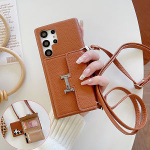 For Samsung Galaxy S25 Ultra A55 A56 A16 A17 A26 A14 A34 S24 Ultra S23 FE S25 FE Case H Logo Crossbody Wallet Case Purse Pocket Adjustable Detachable Lanyard Neck Strap with Kickstand Leather Card Holder Protective Cover