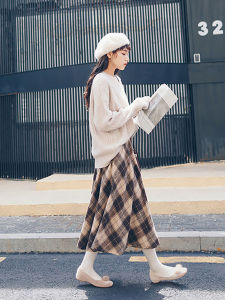 High Waist A-Line Mini Skirt for Women Winter Thickened Woolen Plaid Skirt Vintage Style Mid-Length Skirt with Pockets