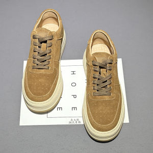 Brown Leather Skate Shoes Mens Casual round Toe Thick Bottom Versatile Retro Trendy Breathable Rubber Outsole Flannel Lining