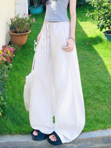 QIAOMIDUO | Summer Thin Ruffle Wide Leg Pants Womens Loose Feel Lazy Knife Blade Trousers Linen Long Pants White Casual Pants