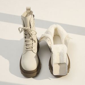 Womens Winter Martin Boots Thickened Thick Bottom Fur Lined Leather Snow Boots Warm Mid-Calf Rubber Sole Boots