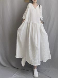 Big Sale Leak-Picking ~ Japanese Style Mori Girl Cotton and Linen Dress Womens Long Sleeve Loose Babydoll Dress Large Swing Dress Linen Robe