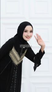 Grosir Gamis Abaya Hitam Busui/Ziper Depan Jersey Premium Mix Ceruti Aplikasi Mote dan Bordir Hawa 728
