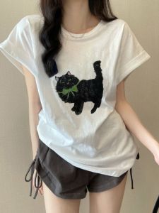 White Pure Cotton Short Sleeve T-Shirt Womens Summer New Retro Hong Kong Style Chic Unique Design Top Korean Loose Fit round Neck