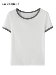 Womens Slim Fit Round Neck Short Sleeve Contrast Color T-Shirt