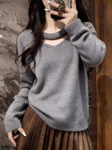 QINGNAER | Casual Lazy Style Gray Round Neck Lace Hollow Out Sweater Slimming Knit