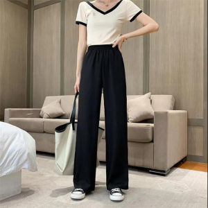 กางเกงขายาวทรงหลวมสีดำสไตล์เกาหลีสำหรับผู้หญิง ทรงตรง ทรงหลวม ทรงหลวม กางเกงขายาวทรงหลวมสำหรับผู้หญิง