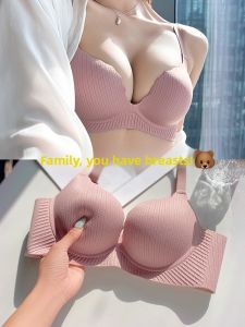 Ladies Thickened Cup Bra Gathered Apparent Large No Traceable Underwear Fixed Double Strap V-Neck All Seasons Chinese Made Nylon Fabric