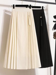 New Chinese Style High Waist A-Line Long Skirt Womens Spring Autumn plus Size Design Sense Pleated Skirt Commute Retro