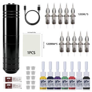 All black battery pen kit is lightweight and portable with 10 needles and 7 colors of ink It is suitable for beginners to use as a tattoo pen
