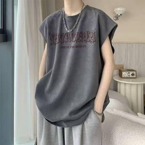 เสื้อกั๊กแขนกุดเสื้อยืดผู้ชายฤดูร้อนแบบบาง INS เสื้อยืดกีฬาบาสเก็ตบอลแบรนด์ยอดนิยมเสื้อกล้ามอินเทรนด์ทรงหลวมเสื้อกั๊ก