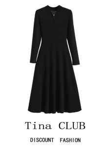 Tina CLUB plus Size Knitted Dress Slimming Waist Stand Collar Autumn Fashion Korean Style Commute A-Line Midi Dress