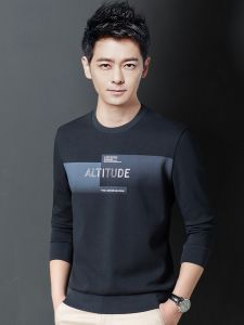 ROMON | Romon Mens Sweatshirt 2023 Spring Autumn New Style Round Neck Printed Long Sleeve T-shirt Base Shirt Fashionable Casual Top