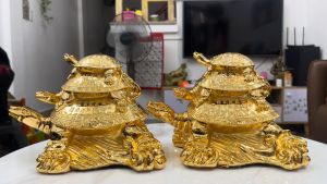 Tượng rùa cõng con phong thủy mạ vàng 24K cực đẹp và sang trọng cao 17cm
